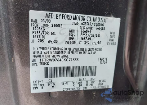 2003 Ford F-150 Lariat/Xlt z USA, uszkodzony, nr VIN 1FTRW07643KC71555